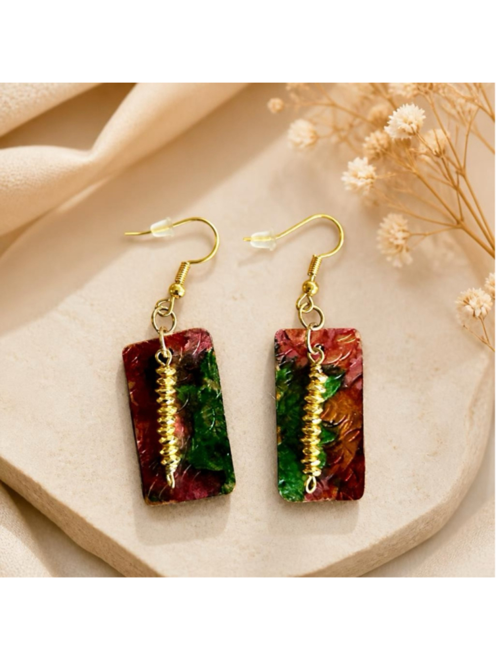Handmade Copper Earrings Hand Painted Dangle Drop Textured Green Red Gold Artisa